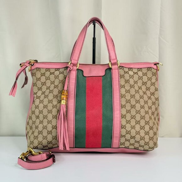 Gucci GG Logo Supreme Shoulder Bag Crossbody with Pink Trim and Green Red Stripe - Picture 1 of 9
